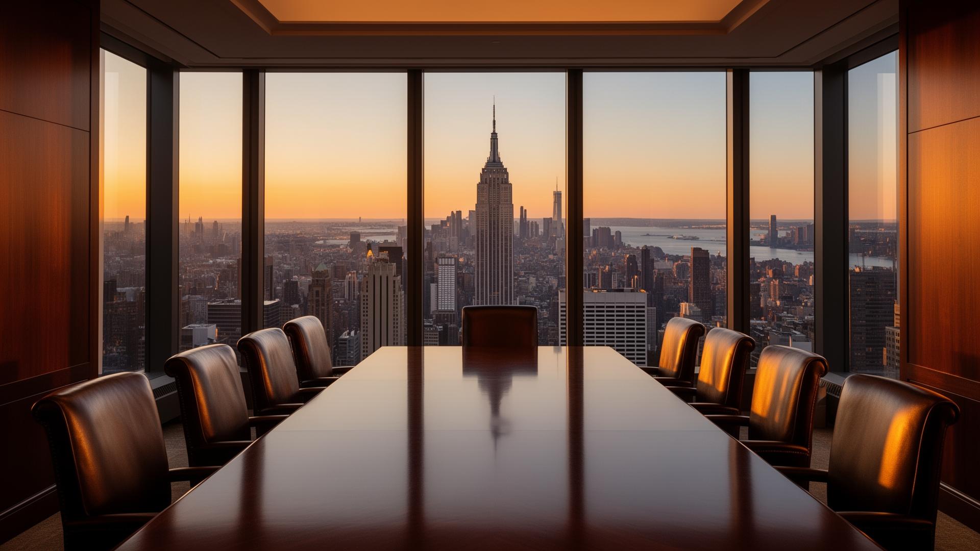 Executive boardroom overlooking the New York City skyline at dusk
